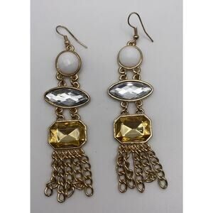 Retro Funky Gold Tone 3 Layer Multi Shaped Cabs & Fringe Dangle Drop Earrings